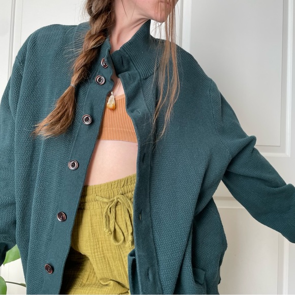 Vintage Sweaters - Emerald Sage Green Button Jacket Grandpa Sweater Vibes Cowl Neck Knit Cozy